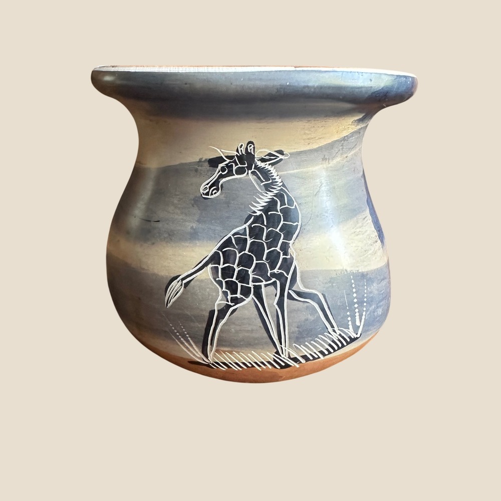 Vintage African Sgraffito Stoneware Vase Giraffe Etched‎ Blue Terracotta Small